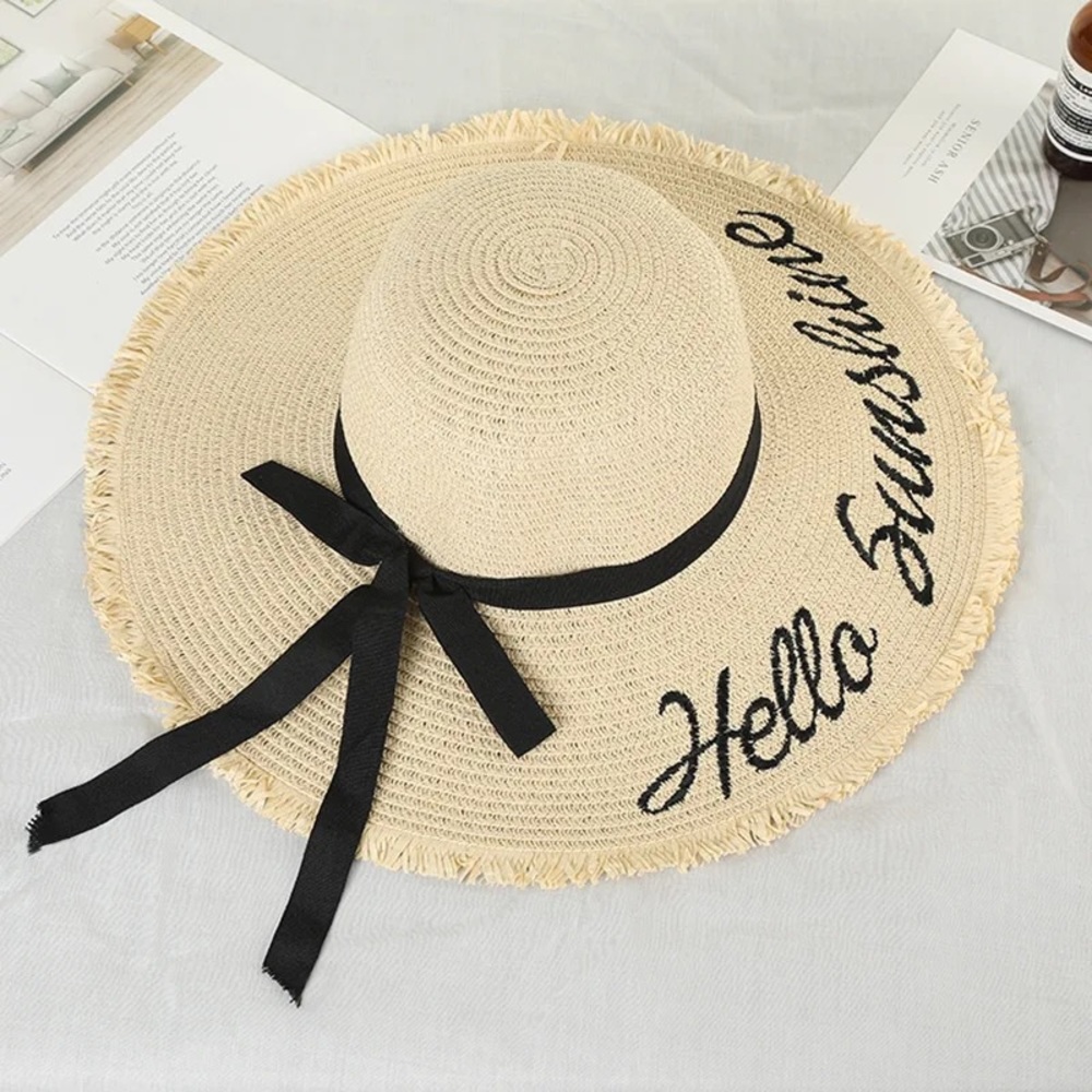 211. CLEARANCE! Cream black Hello Sunshine Straw Beach Hat Bohemian Retro pool - Picture 4 of 7